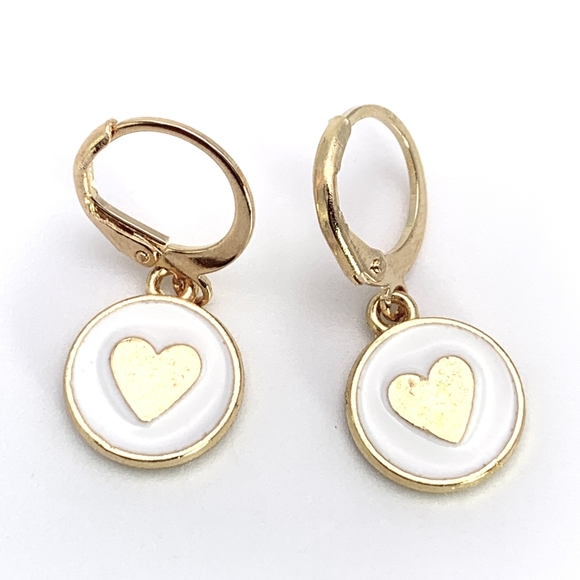 Gold and White Heart Charm Earrings - Picture 3 of 5